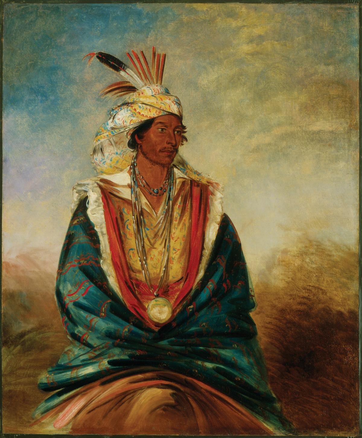 seated creek warrior, wearing traditional feathered headdress, cloak