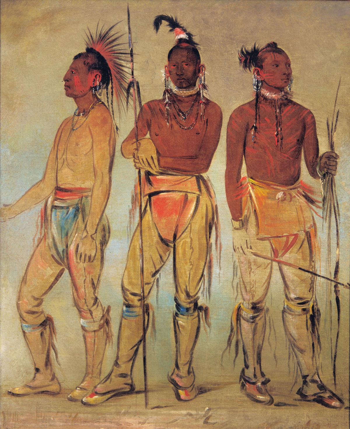 Three osage warriors, holding spears, wearing loincloths, sandals and feathered headbands