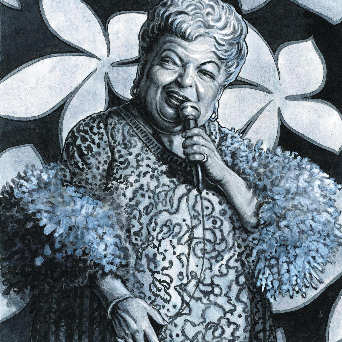 Drawing of Pearl Wolfe, done in blue, white and silver