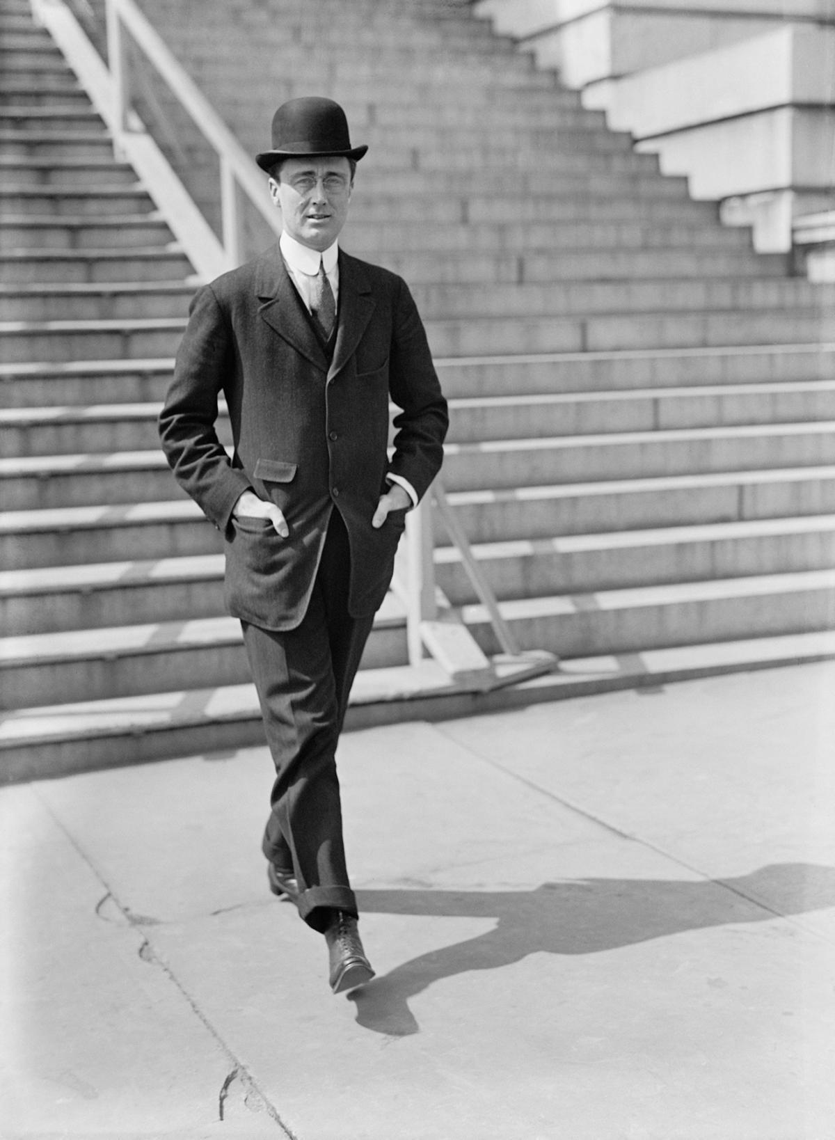 Young FDR in a bowler hat and dark suit