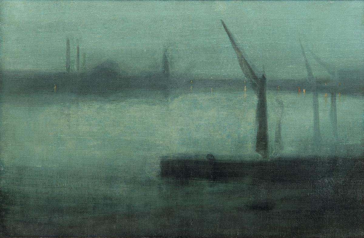 A foggy harbor, with industrial cranes reaching up into the sky
