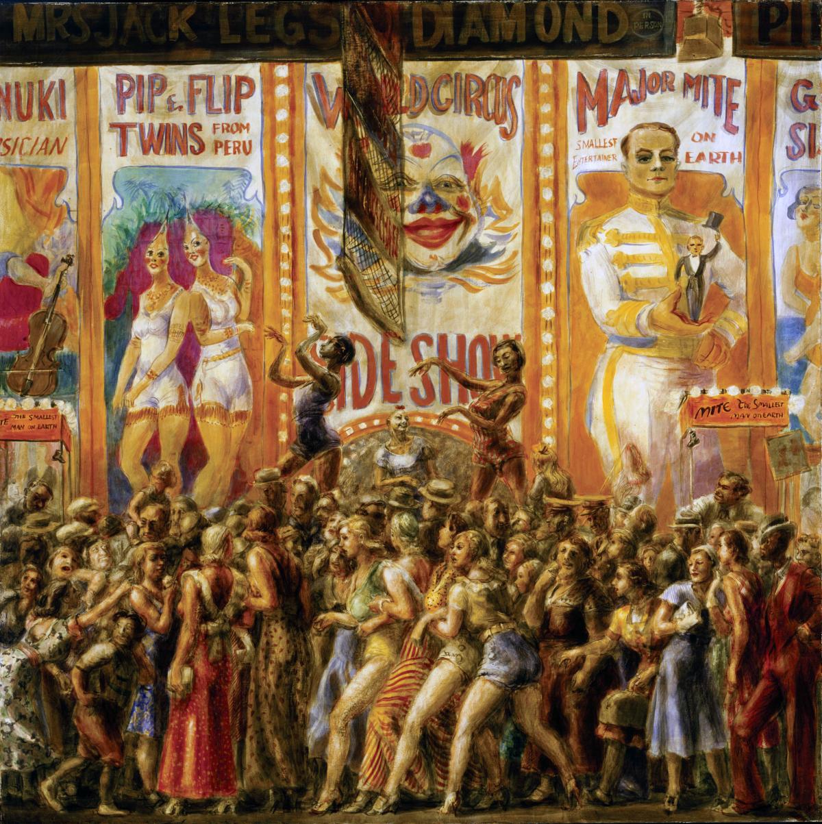 "Pip and Flip" by Reginald Marsh, depicting a freak show, siamese twins, and a huge crowd of people