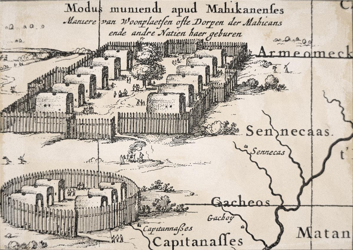 Engraving of an Iroquois village, showing the arrangement of houses within a high wooden fence