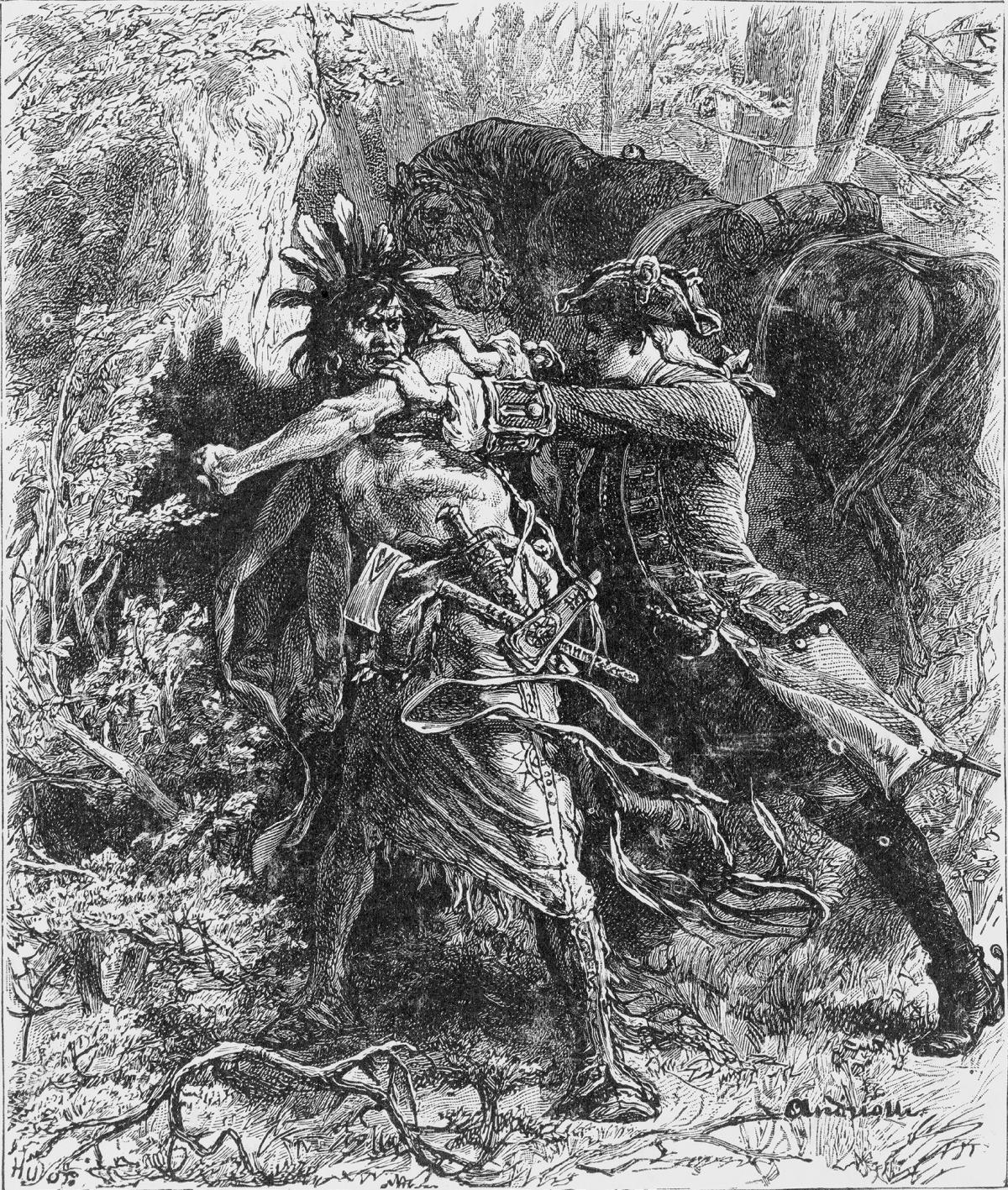 Black and white illustration of a militiaman fighting hand-to-hand with a Mohawk warrior in the deep forest