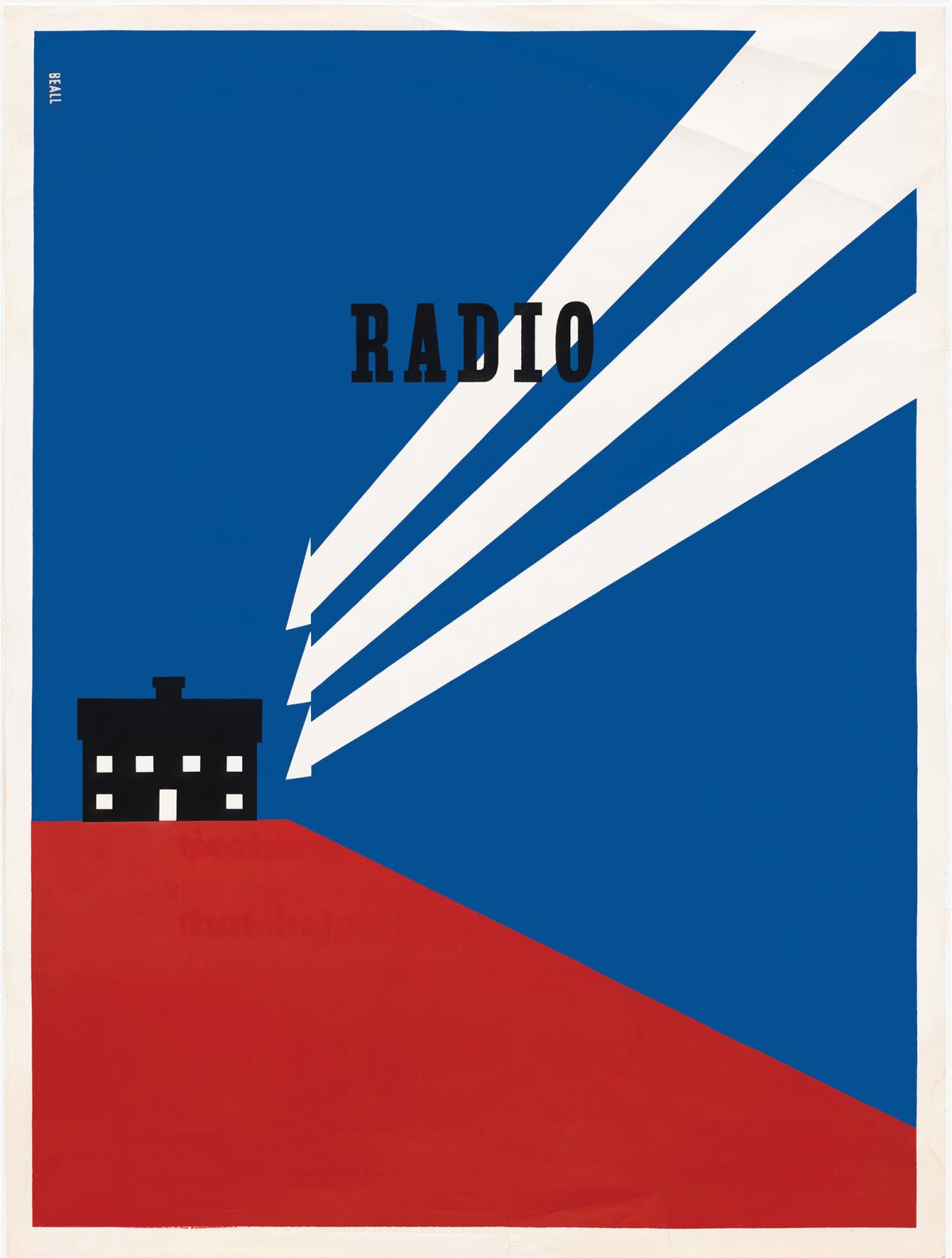 Rural Electrification poster, 1937, showing a black house on a red hill with a blue background, connected to the word "radio" with white lines
