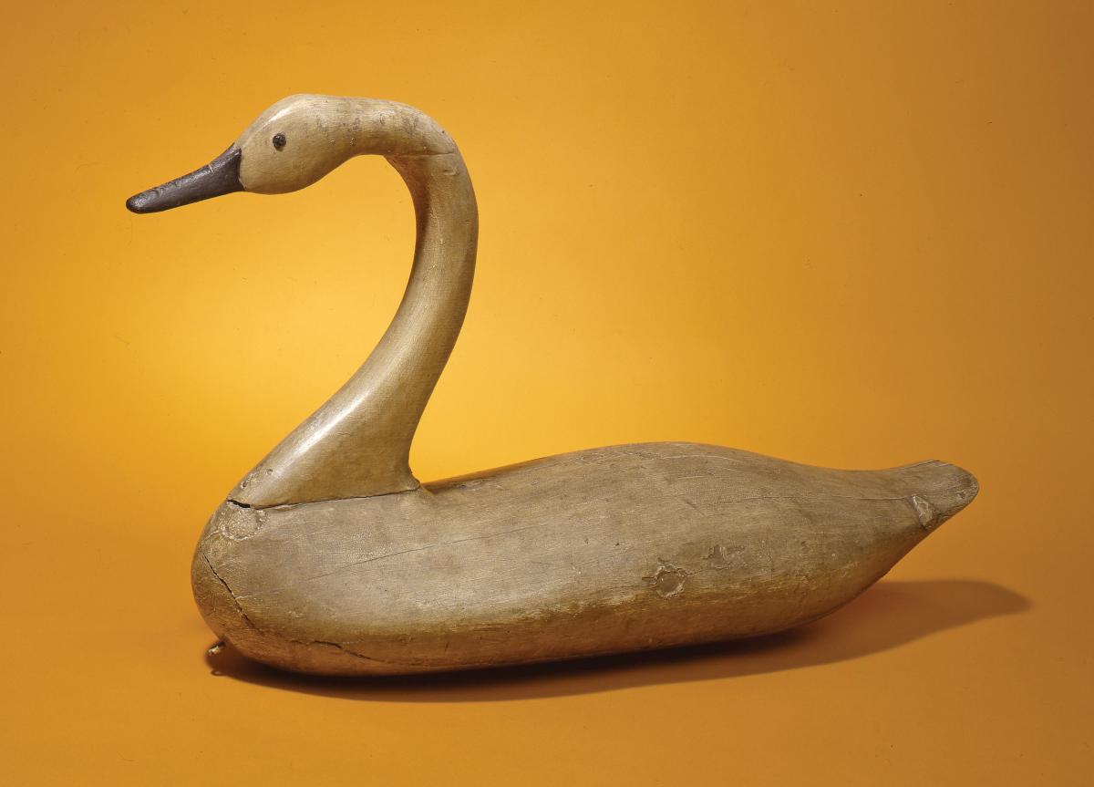 wooden swan decoy, made from blonde wood