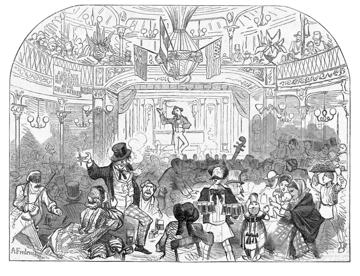 Illustration of a NYC beer garden, showing a large crowd of people drinking mugs of beer and smoking cigarettes