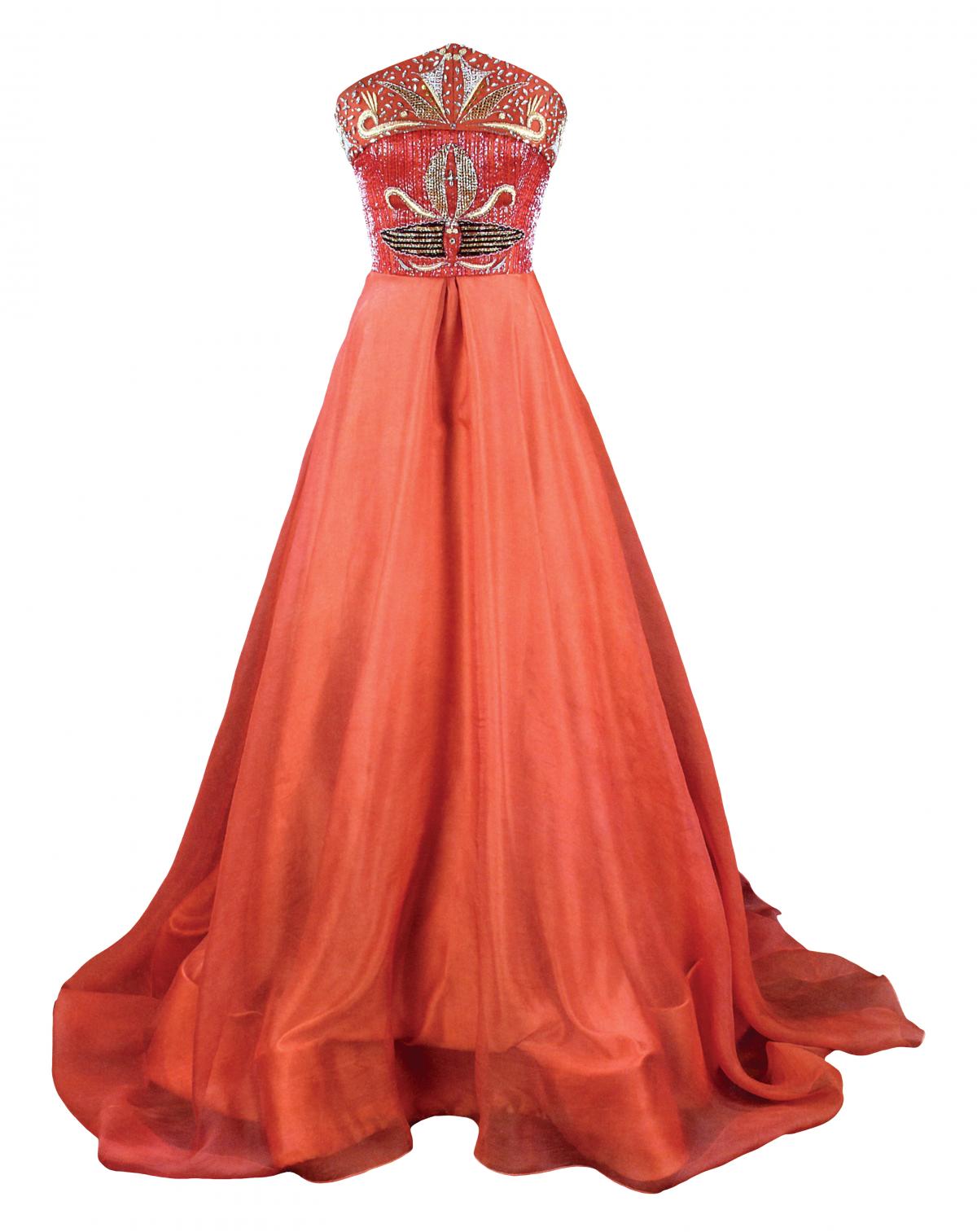 Full-length red evening gown with an a-line skirt and jeweled bodice