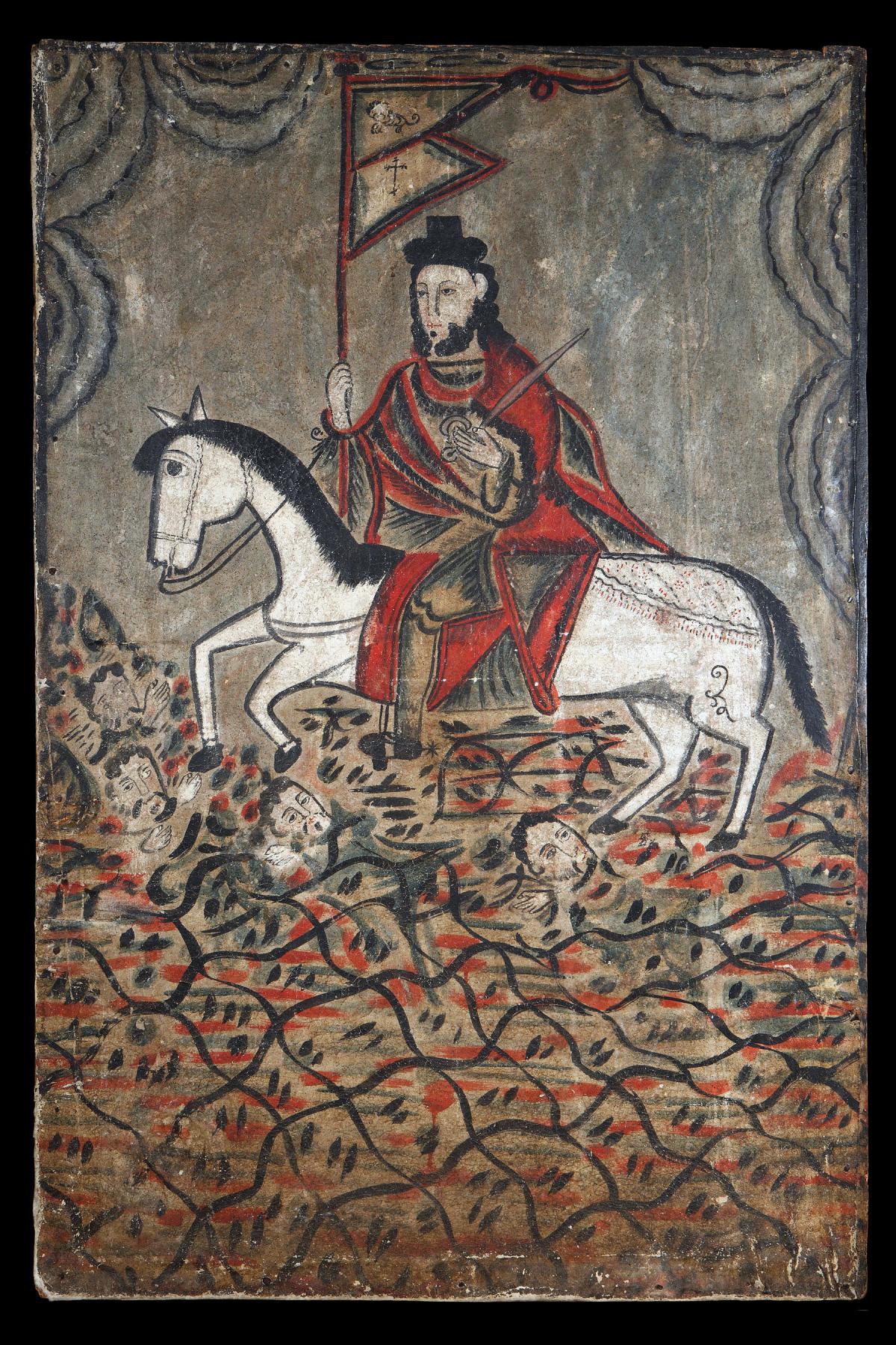 saint james riding a white horse, wearing a red cloak and holding a sword over his shoulder