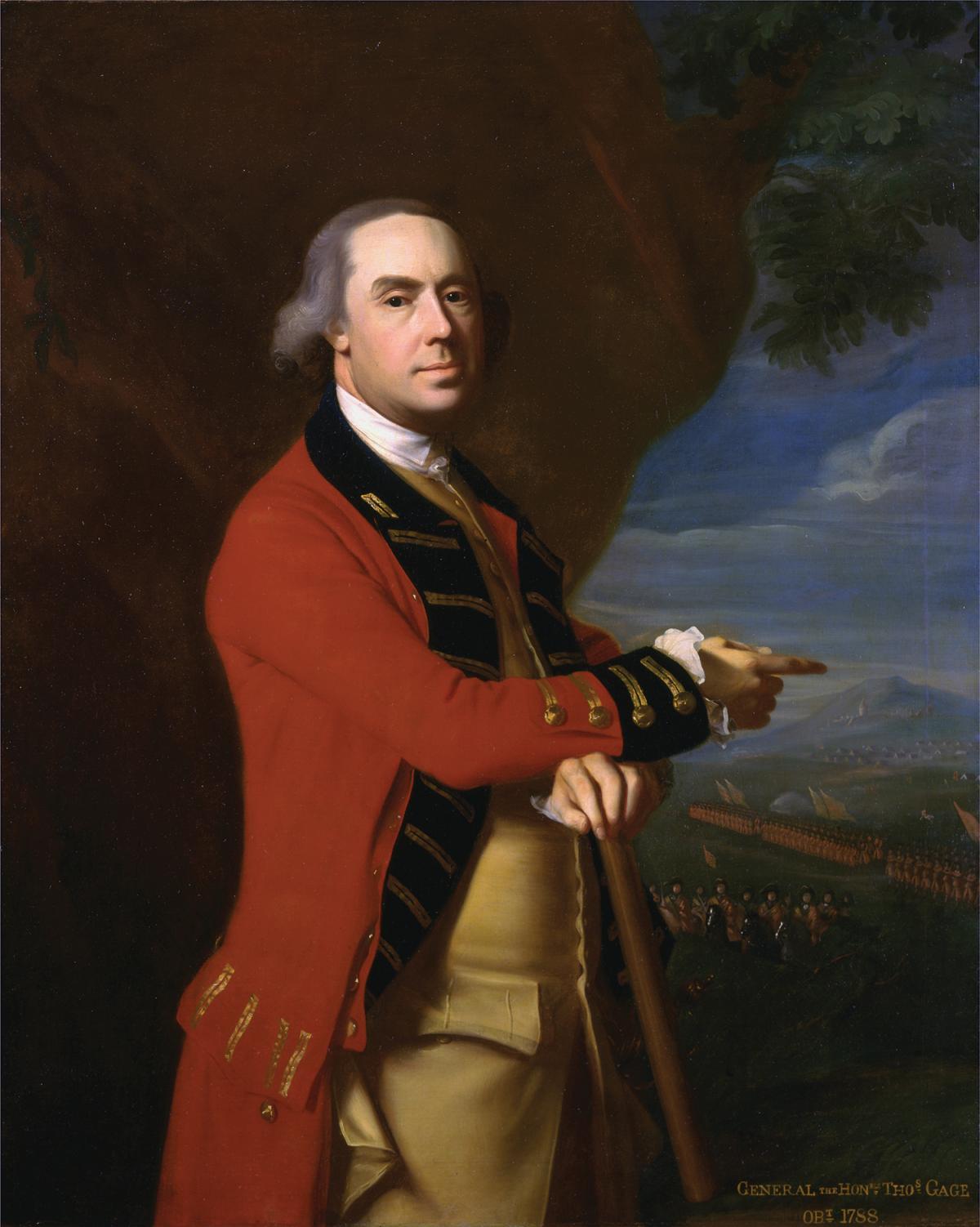 Portrait of Thomas Gage, wearing a British Army red coat, leaning on a walking stick