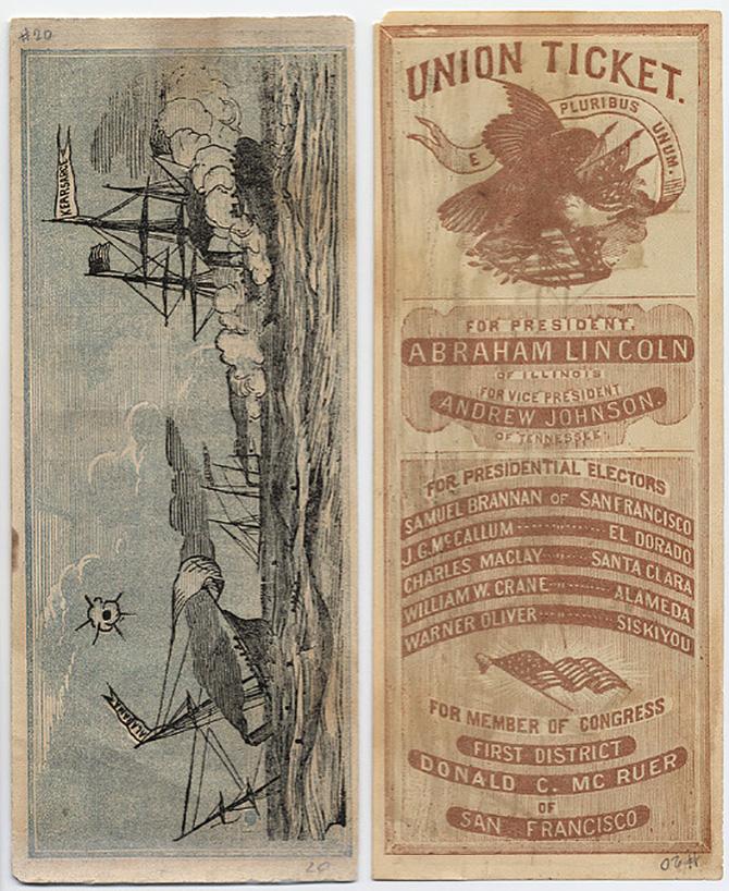 Republican party voting ticket, listing Abraham Lincoln and Andrew Jackson as the candidates, with an illustration of a bald eagle, and a maritime scene on the back of the ticket