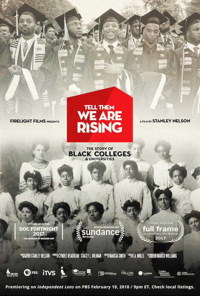 Documentary poster, with a photo of African American male graduates in caps and gowns on the top half, and African American women in white dresses from the 1900s on the bottom half