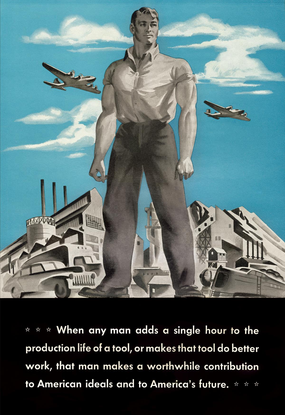 antique poster of a man standing in front of a blue sky, industrial tools behind him