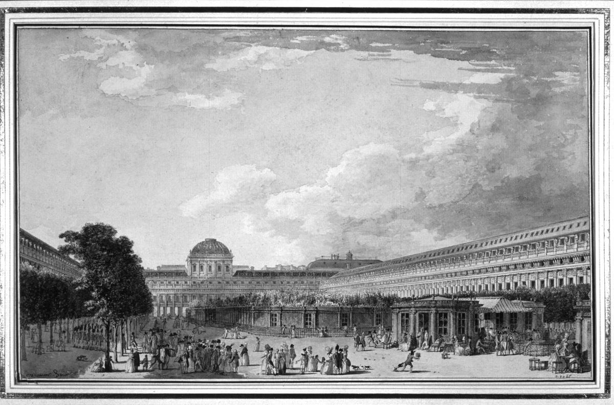 Black and white drawing of a large courtyard filled with people