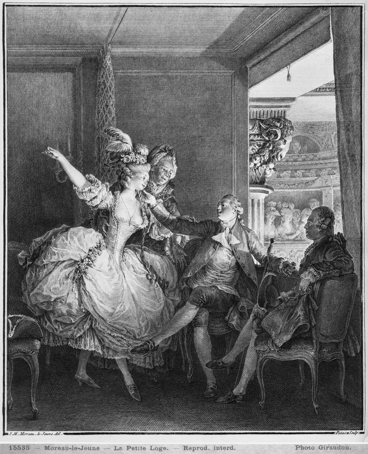 black and white drawing of a woman in a large dress, men sitting down next to her