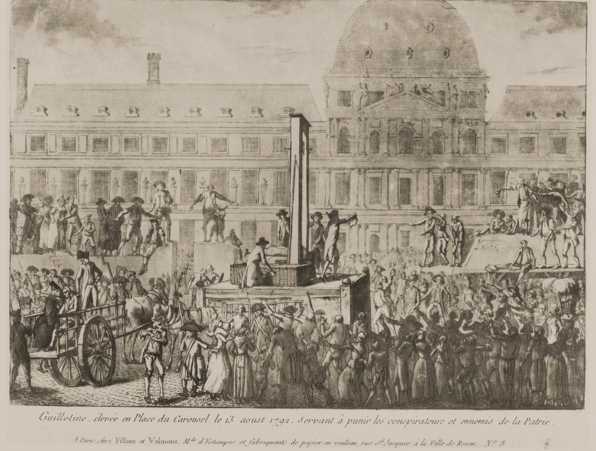 black and white drawing of a crowd surrounding a guillotine