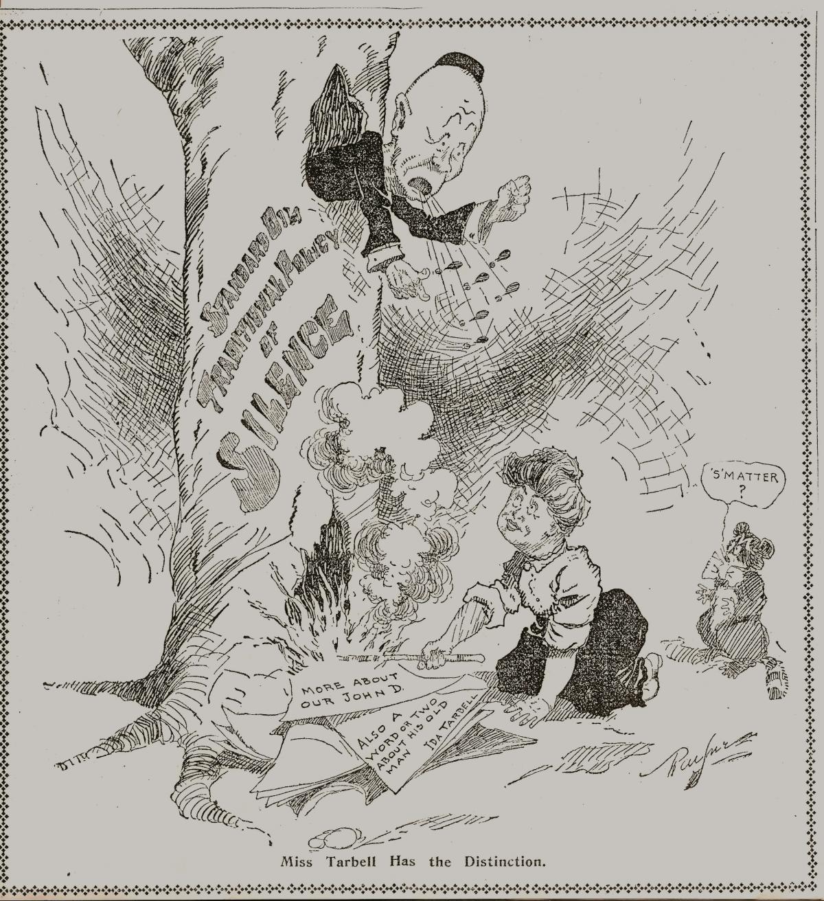 Political cartoon depicting a man in a tree and a woman fanning flames