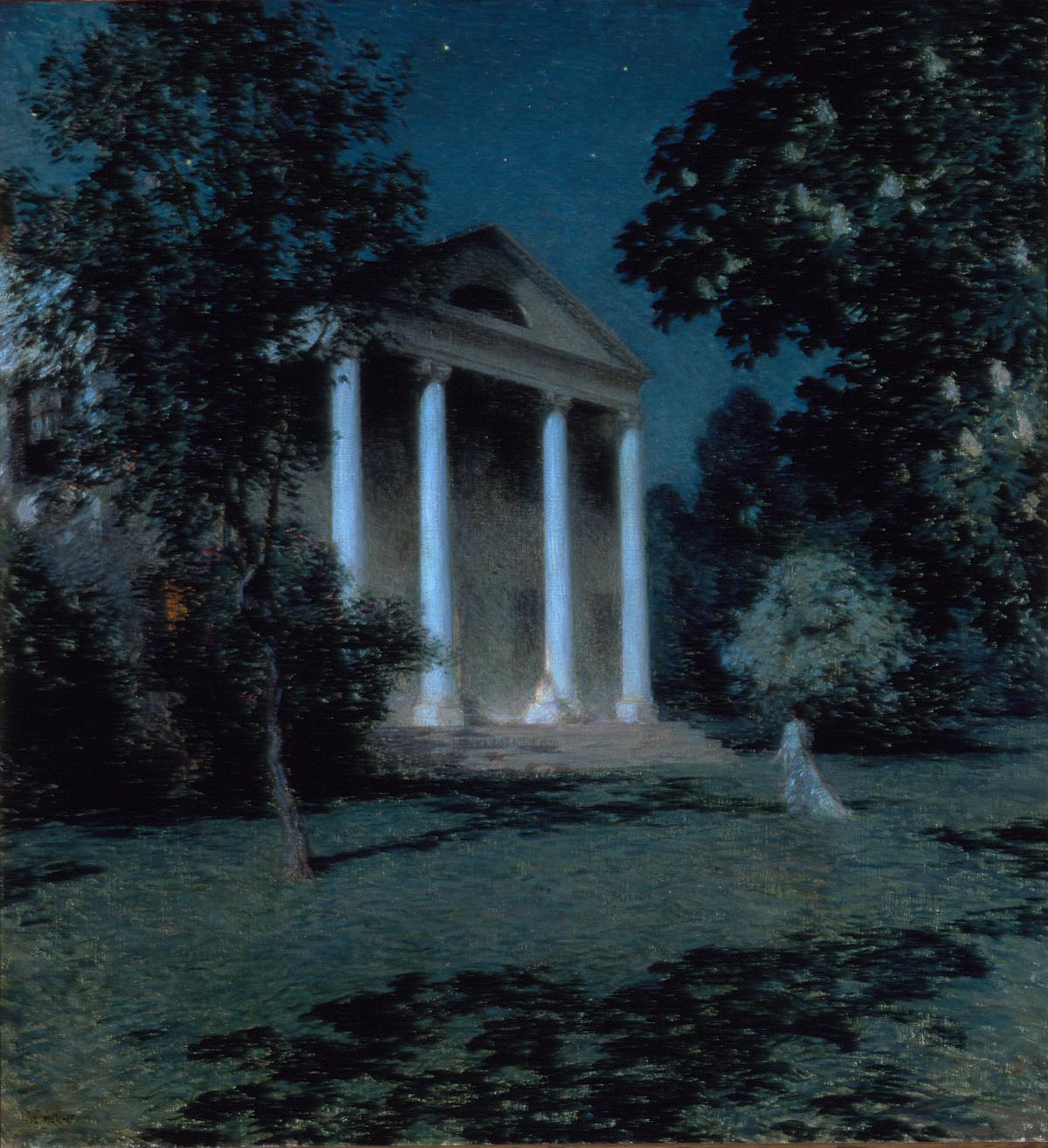 Painting of a house with columns at night