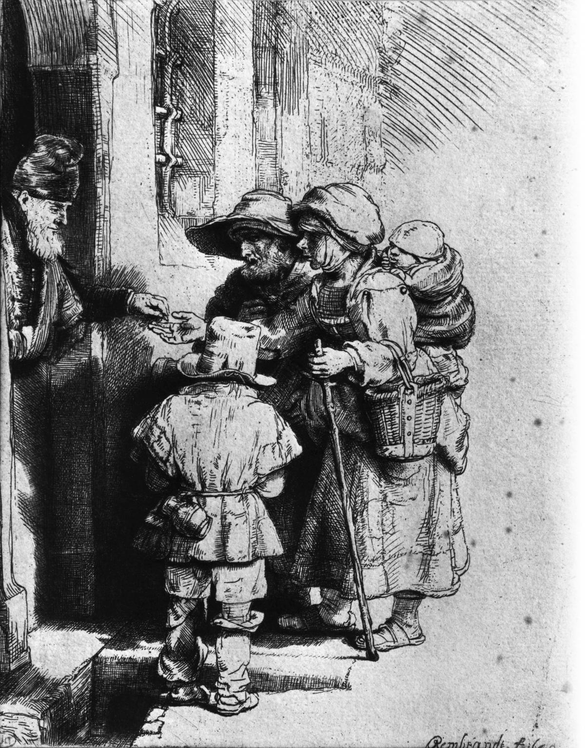 Black and white drawing of beggars outside the door of a house