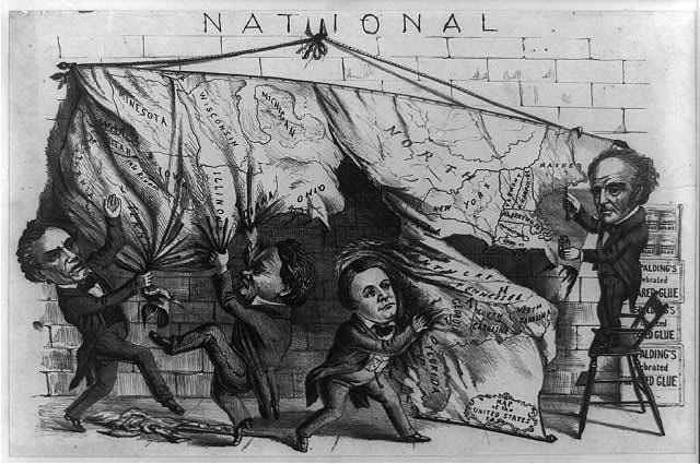 A political cartoon of the presidential candidates of 1860 dividing up the United States into their respective portions.