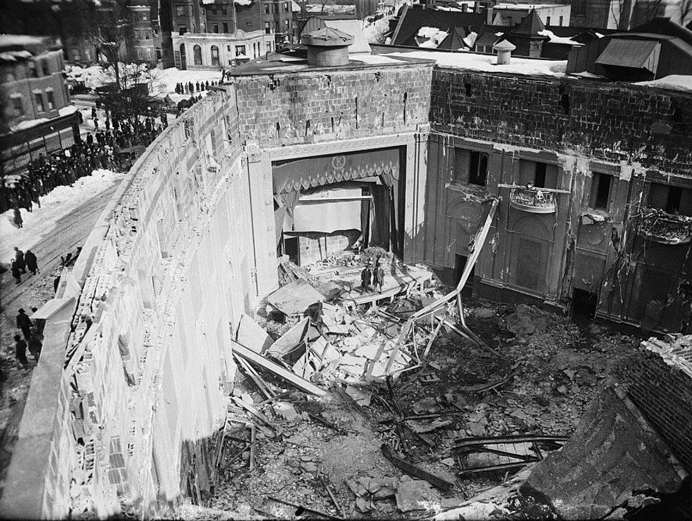 Interior of the Knickerbocker Theater after the collapse of the roof as a result