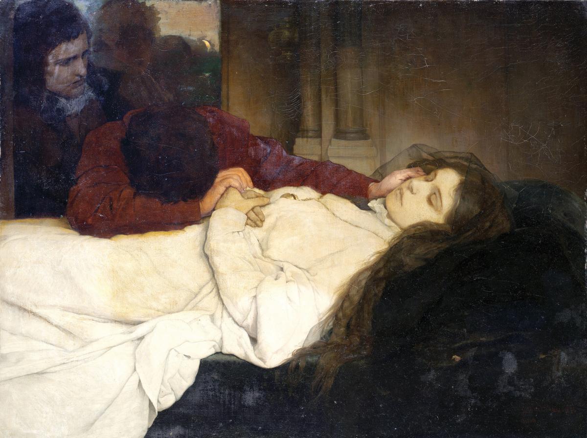 Painting of a young woman on her deathbed with mourners nearby.