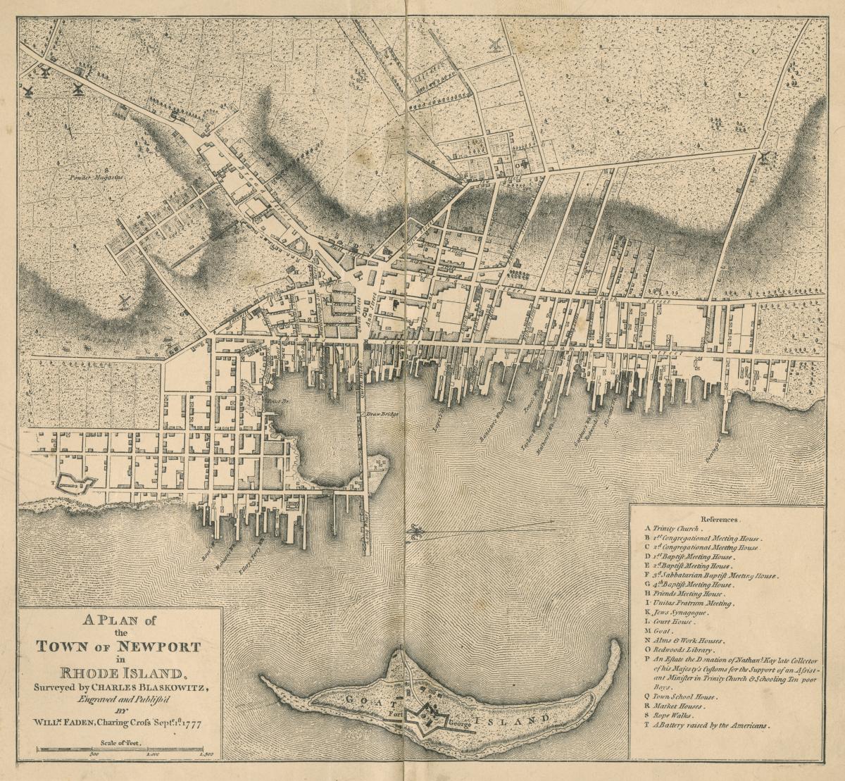 A Plan of the Town of Newport in Rhode Island (1777) shows the city when John A. Howe first arrived there and the British occupied it. 