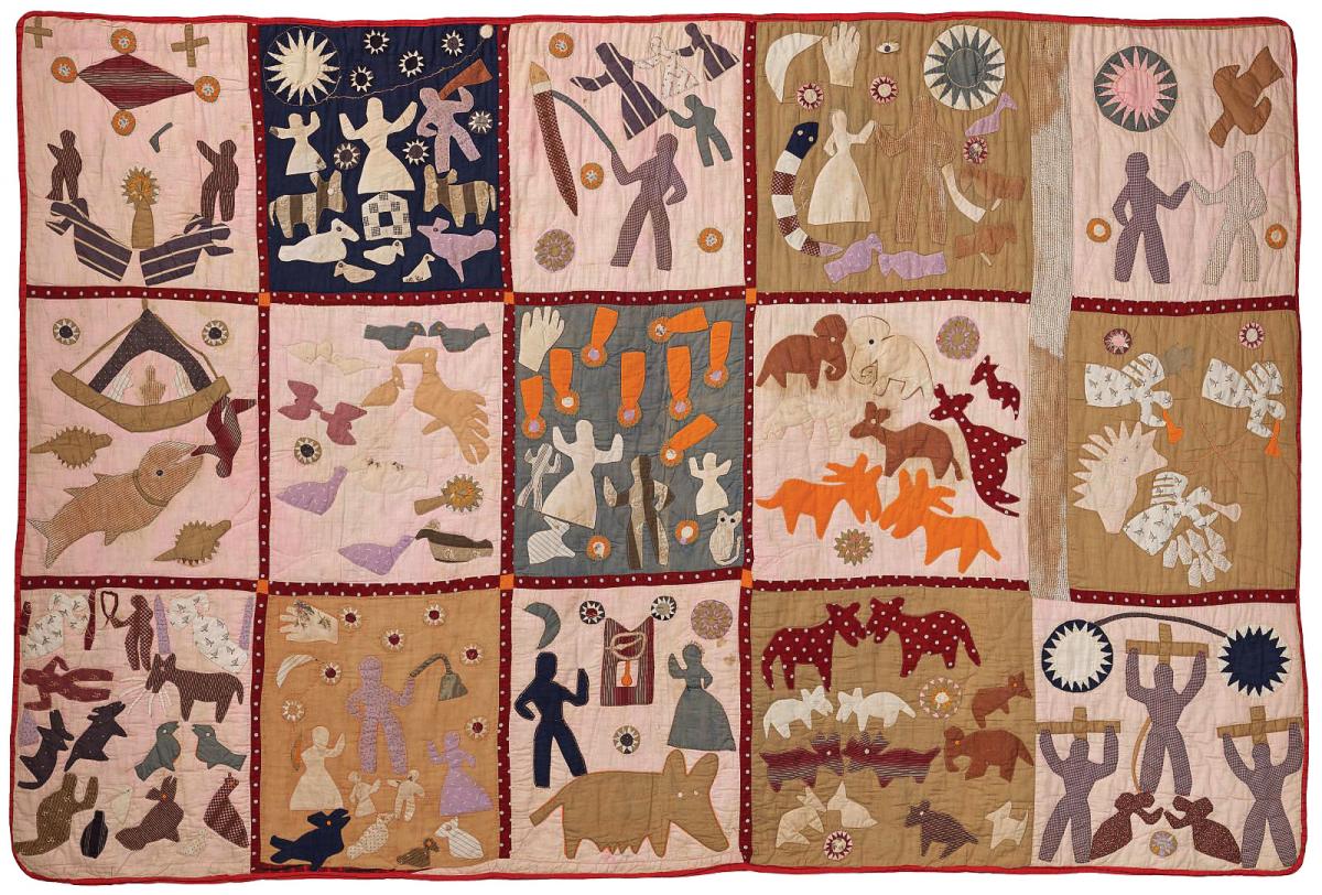 antique quilt with human figures in brown shades