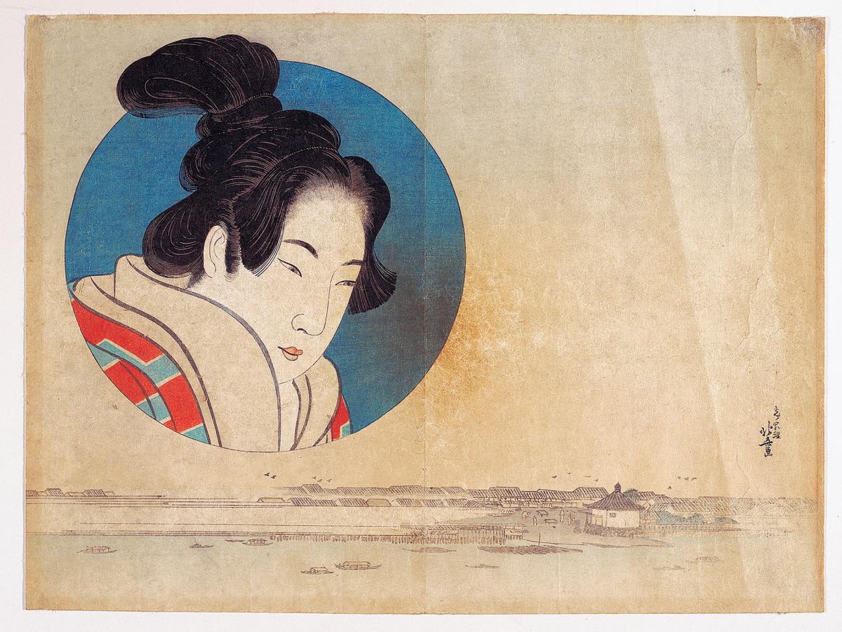 Hokusai painting of Edo-era Japanese woman in a blue circle above a line drawing of a town.