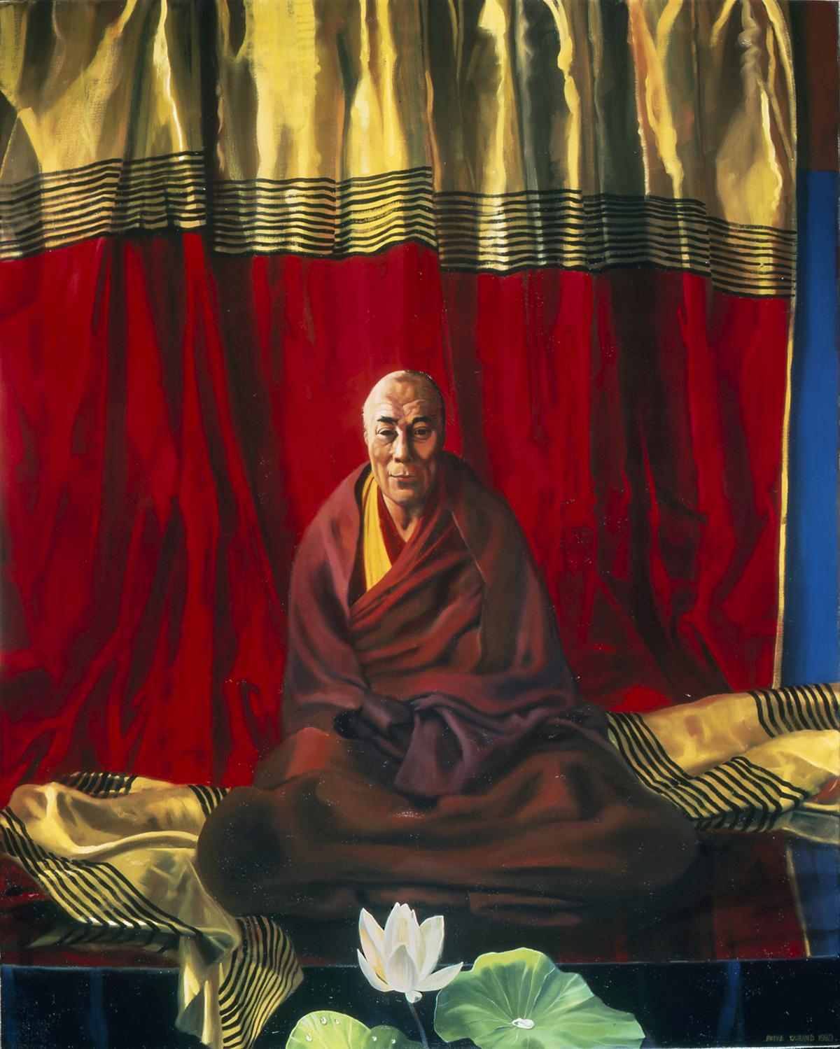 painting of the Dalai Lama against a red background