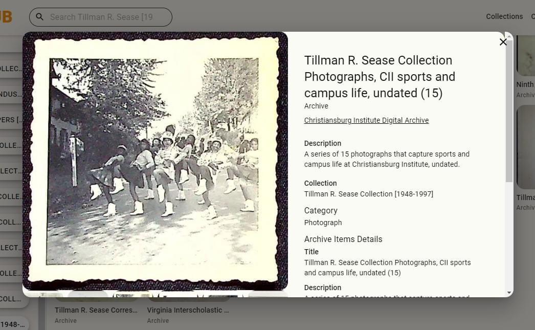 Screenshot of the Tillman R. Sease Collection from the Christiansburg Institute Digital Archives