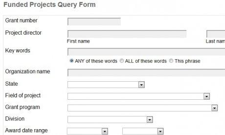 Screenshot of database form fields to search for NEH-funded projects