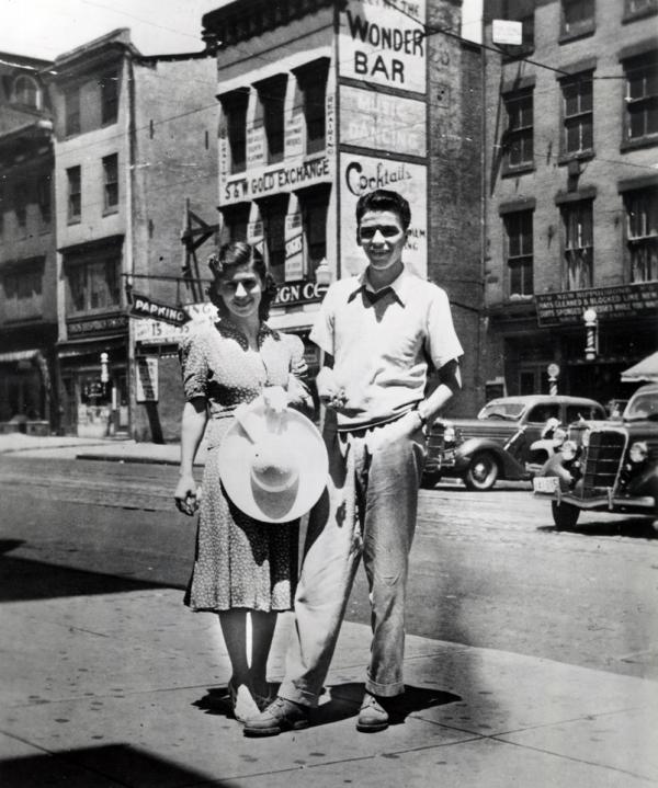 A young Frank Sinatra, with an unidentified woman, in Hoboken, New Jersey, c. 1930s.