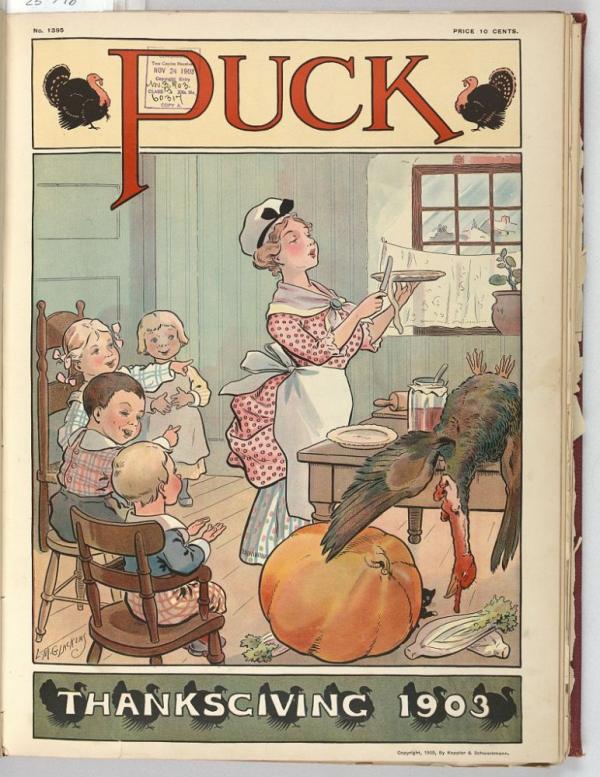 Magazine cover with woman preparing a pie in front of children