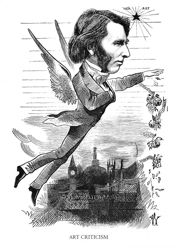 Illustration of a man with angel wings over a city