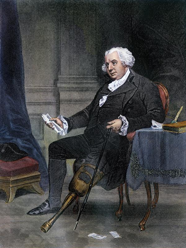 Etching of Gouverneur Morris showing his peg leg