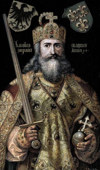 Charlemagne in full regalia, sword in hand