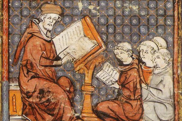 Class in a medieval university, illuminated manuscript from the 13th century.