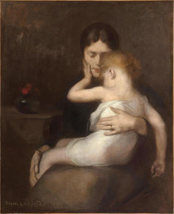 Painting of a mother holding her sick child. 
