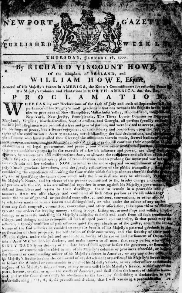 The first page of the first issue of John A. Howe’s Newport Gazette published on January 16, 1777 and available in Chronicling America.