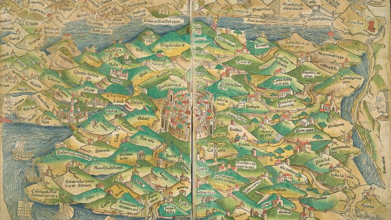 A color map of Jerusalem from the 15th century, showing the eastern cardinal direction at the top.