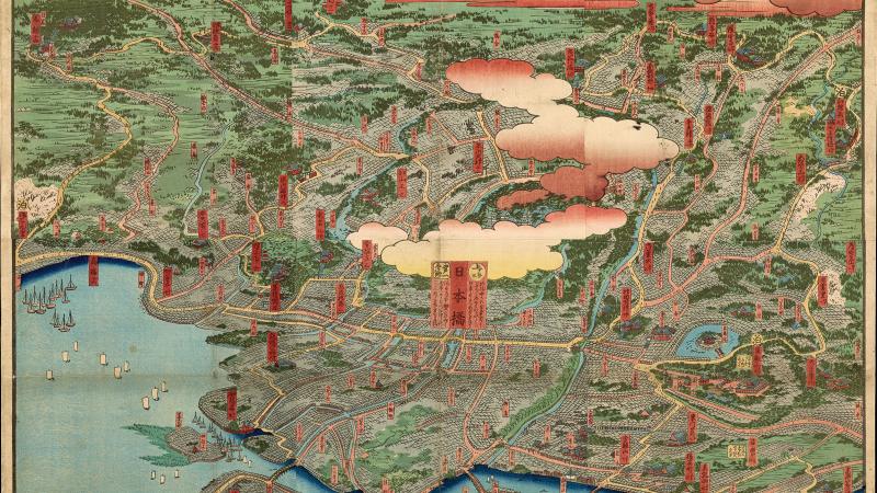 A color drawing of Edo, Japan, from a bird's-eye perspective.