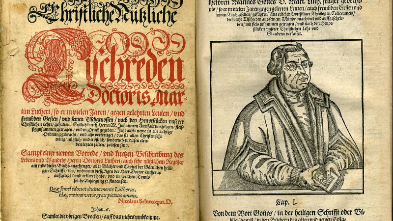 Title page and portrait from a 1581 edition of Martin Luther's writings in German.