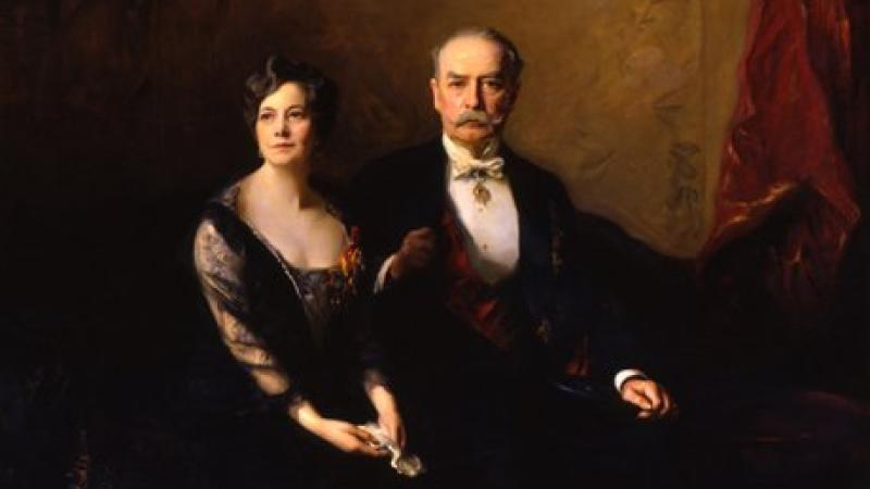 Stately painting of a man and woman dressed in formal attire.
