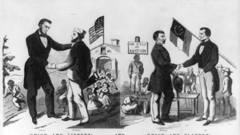 Black and white illustration of Abraham Lincoln endorsing abolition against his political opponent.