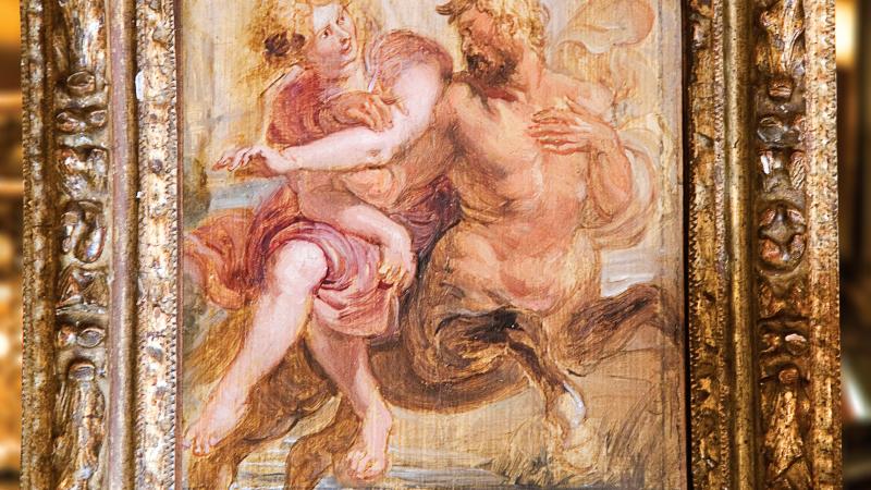 Oil painting of a satyr and a woman