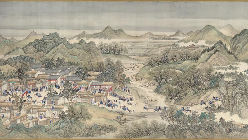 A cluster of houses on the far left is surrounded by hills, mist and trees; the townspeople gather in the main square while riders approach on a road from the right