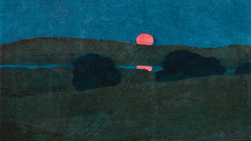 A red moon is partially obscured by a dark green hill; the moon is reflected in a body of water beneath the hill