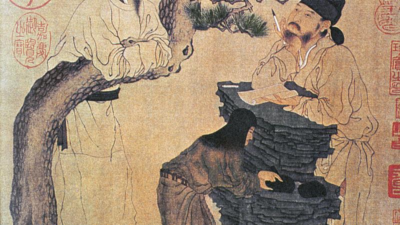 traditional Chinese drawing of two men talking