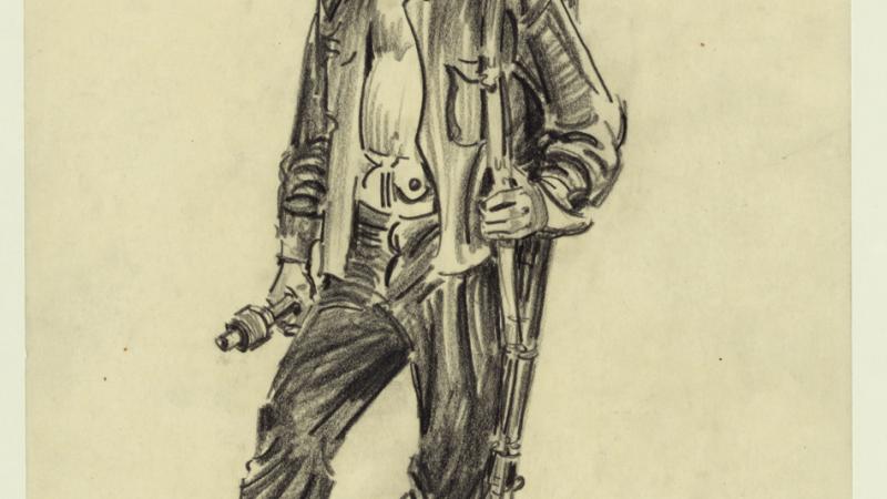 Sketch on yellow paper of an American soldier circa 1942.